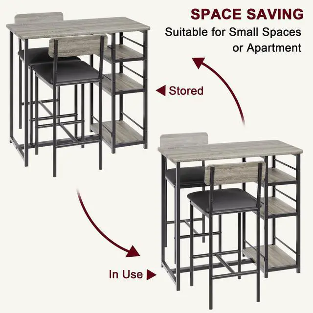 Alt view image 4 of 6 - Bar Table Set for 2 with 3 Storage Shelves, Space-Saving Kitchen Table & Chairs with PU Cushions, Thick MDF Wood Top and Steel Frame for Apartment and Bistros - Retro Grey