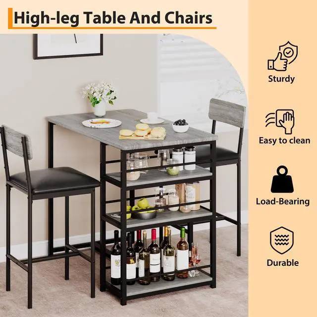 Alt view image 6 of 6 - Bar Table Set for 2 with 3 Storage Shelves, Space-Saving Kitchen Table & Chairs with PU Cushions, Thick MDF Wood Top and Steel Frame for Apartment and Bistros - Retro Grey