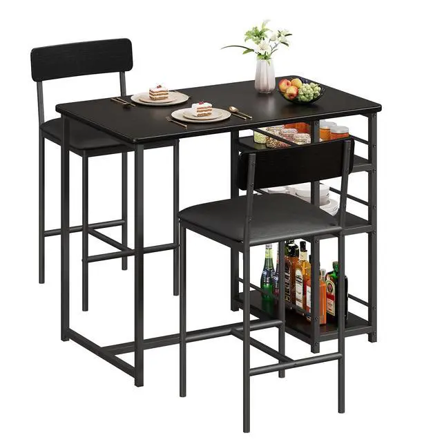 Alt view image 2 of 6 - Bar Table Set for 2 with 3 Storage Shelves, Space-Saving Kitchen Table & Chairs with PU Cushions, Thick MDF Wood Top and Steel Frame for Apartment and Bistros - Black