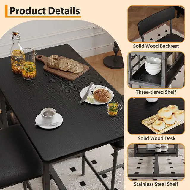 Alt view image 3 of 6 - Bar Table Set for 2 with 3 Storage Shelves, Space-Saving Kitchen Table & Chairs with PU Cushions, Thick MDF Wood Top and Steel Frame for Apartment and Bistros - Black