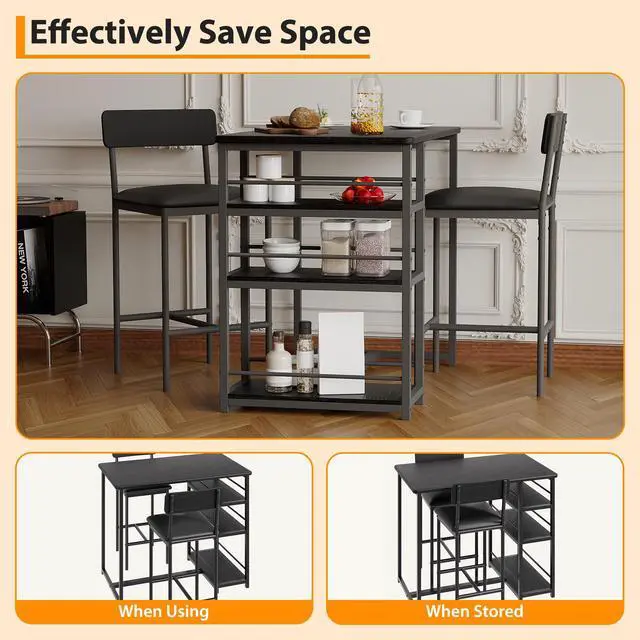 Alt view image 5 of 6 - Bar Table Set for 2 with 3 Storage Shelves, Space-Saving Kitchen Table & Chairs with PU Cushions, Thick MDF Wood Top and Steel Frame for Apartment and Bistros - Black