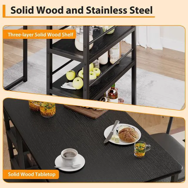 Alt view image 6 of 6 - Bar Table Set for 2 with 3 Storage Shelves, Space-Saving Kitchen Table & Chairs with PU Cushions, Thick MDF Wood Top and Steel Frame for Apartment and Bistros - Black