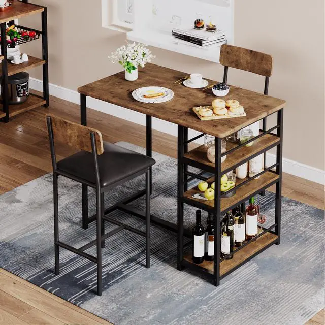 Main image of Bar Table Set for 2 with 3 Storage Shelves, Space-Saving Kitchen Table & Chairs with PU Cushions, Thick MDF Wood Top and Steel Frame for Apartment and Bistros - Brown
