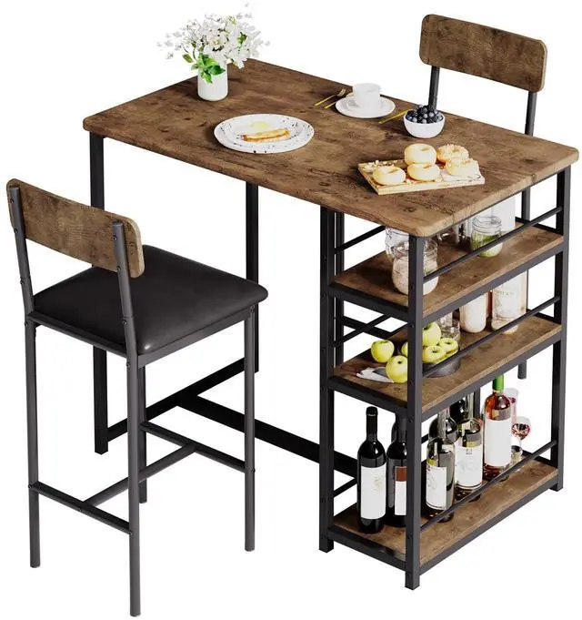 Alt view image 2 of 6 - Bar Table Set for 2 with 3 Storage Shelves, Space-Saving Kitchen Table & Chairs with PU Cushions, Thick MDF Wood Top and Steel Frame for Apartment and Bistros - Brown