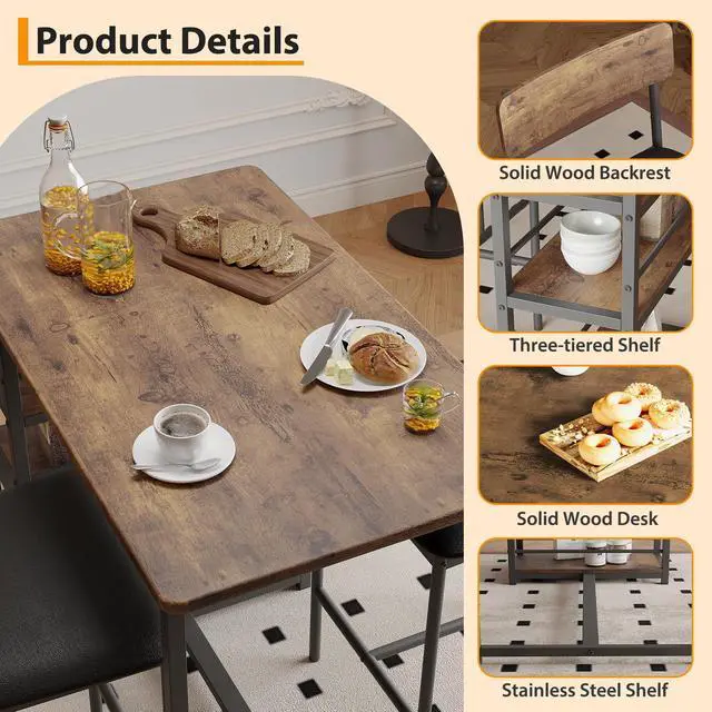 Alt view image 3 of 6 - Bar Table Set for 2 with 3 Storage Shelves, Space-Saving Kitchen Table & Chairs with PU Cushions, Thick MDF Wood Top and Steel Frame for Apartment and Bistros - Brown