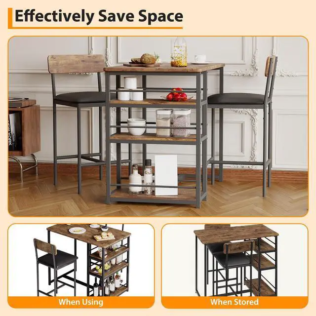 Alt view image 4 of 6 - Bar Table Set for 2 with 3 Storage Shelves, Space-Saving Kitchen Table & Chairs with PU Cushions, Thick MDF Wood Top and Steel Frame for Apartment and Bistros - Brown