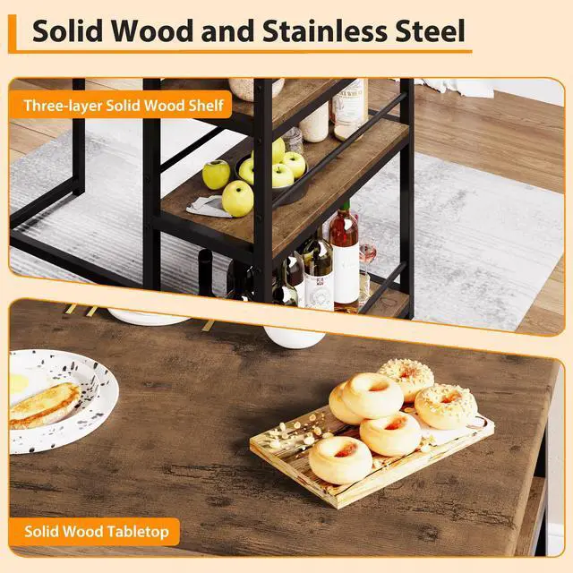 Alt view image 6 of 6 - Bar Table Set for 2 with 3 Storage Shelves, Space-Saving Kitchen Table & Chairs with PU Cushions, Thick MDF Wood Top and Steel Frame for Apartment and Bistros - Brown