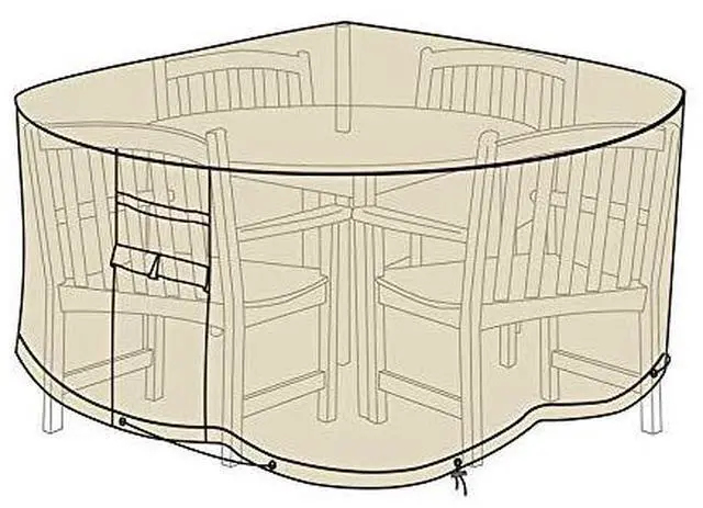 Main image of Extra Large Outdoor Round Table and Chairs Cover | All-Weather | Water-Repellent | Cloth-Like Polyester | Resists Fading | Toggle Closure | Reinforced Seams | 92"L x 92"W x 33"H | Tan