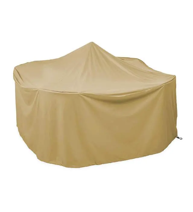 Alt view image 2 of 6 - Extra Large Outdoor Round Table and Chairs Cover | All-Weather | Water-Repellent | Cloth-Like Polyester | Resists Fading | Toggle Closure | Reinforced Seams | 92"L x 92"W x 33"H | Tan