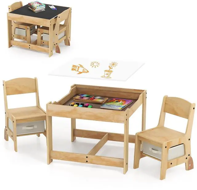 Main image of Kids Table and Chairs, 3-in-1 Children Sturdy Wooden Activity Set w/Storage Drawers, Removable Double-Sided Tabletop, for Art, Craft, Drawing, Reading, Toddler Table and Chair Set (Beige)