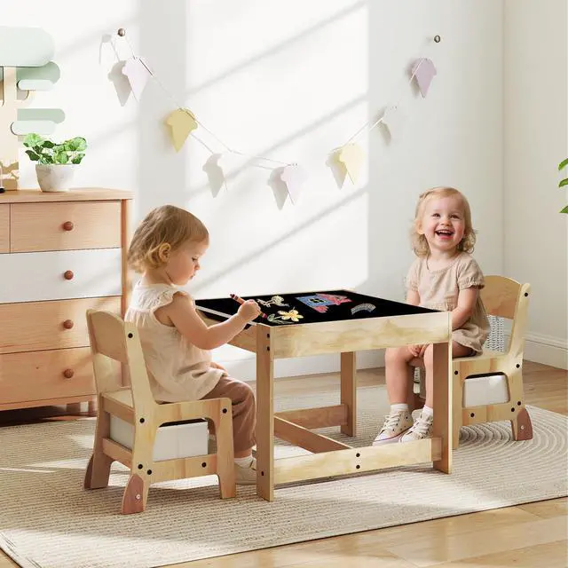 Alt view image 2 of 6 - Kids Table and Chairs, 3-in-1 Children Sturdy Wooden Activity Set w/Storage Drawers, Removable Double-Sided Tabletop, for Art, Craft, Drawing, Reading, Toddler Table and Chair Set (Beige)