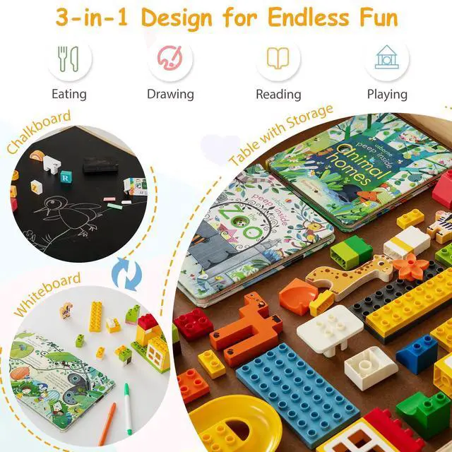 Alt view image 3 of 6 - Kids Table and Chairs, 3-in-1 Children Sturdy Wooden Activity Set w/Storage Drawers, Removable Double-Sided Tabletop, for Art, Craft, Drawing, Reading, Toddler Table and Chair Set (Beige)