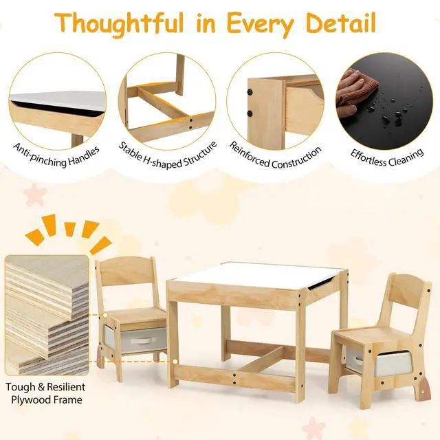 Alt view image 4 of 6 - Kids Table and Chairs, 3-in-1 Children Sturdy Wooden Activity Set w/Storage Drawers, Removable Double-Sided Tabletop, for Art, Craft, Drawing, Reading, Toddler Table and Chair Set (Beige)
