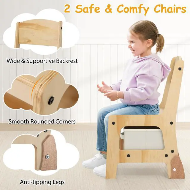 Alt view image 5 of 6 - Kids Table and Chairs, 3-in-1 Children Sturdy Wooden Activity Set w/Storage Drawers, Removable Double-Sided Tabletop, for Art, Craft, Drawing, Reading, Toddler Table and Chair Set (Beige)
