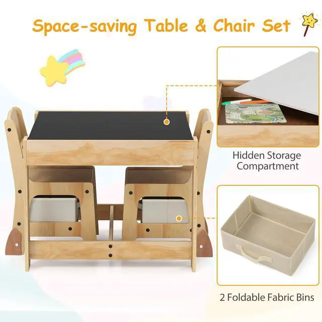 Alt view image 6 of 6 - Kids Table and Chairs, 3-in-1 Children Sturdy Wooden Activity Set w/Storage Drawers, Removable Double-Sided Tabletop, for Art, Craft, Drawing, Reading, Toddler Table and Chair Set (Beige)