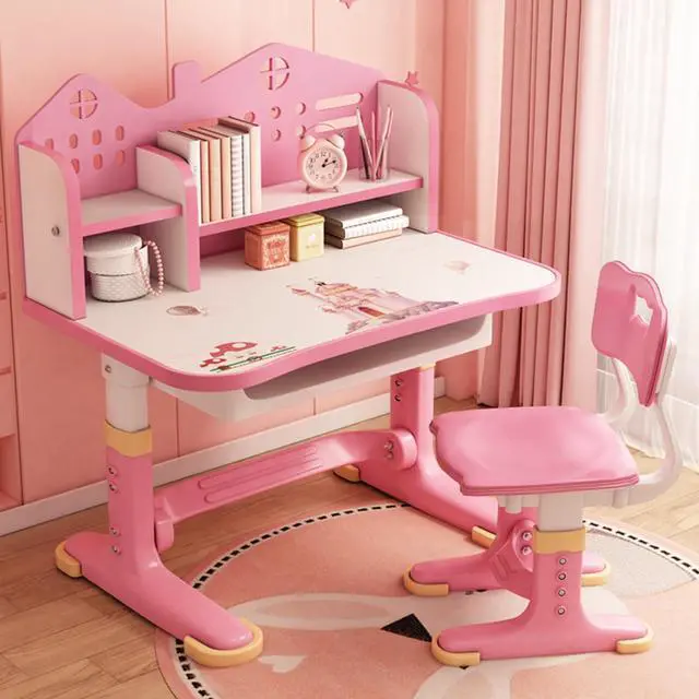 Main image of Kids Desk and Chair Set with Castle Backboard - Height Adjustable Children's Study Table with Storage Drawer & Bookstand, Widened Desktop & Ergonomic Chair for Boys Girls 3-12 Years (Pink)