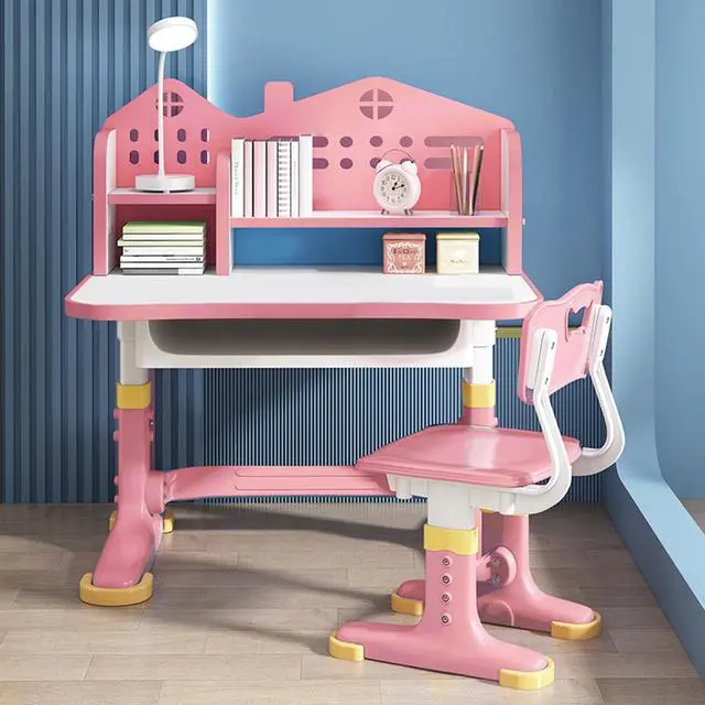 Alt view image 2 of 6 - Kids Desk and Chair Set with Castle Backboard - Height Adjustable Children's Study Table with Storage Drawer & Bookstand, Widened Desktop & Ergonomic Chair for Boys Girls 3-12 Years (Pink)
