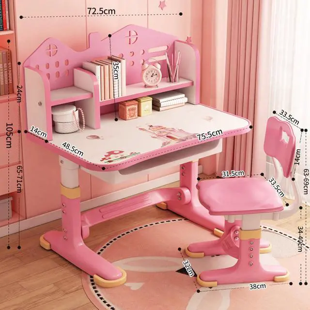 Alt view image 5 of 6 - Kids Desk and Chair Set with Castle Backboard - Height Adjustable Children's Study Table with Storage Drawer & Bookstand, Widened Desktop & Ergonomic Chair for Boys Girls 3-12 Years (Pink)