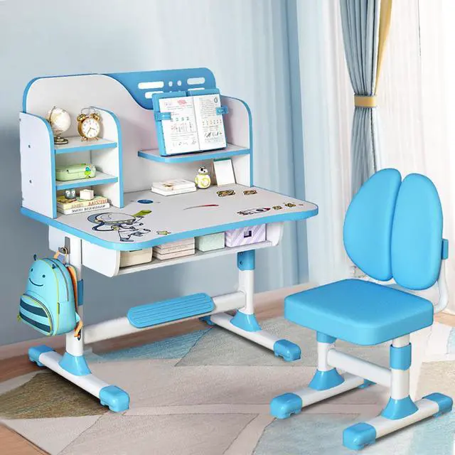 Alt view image 3 of 6 - Kids Desk and Chair Set with Castle Backboard - Height Adjustable Children's Study Table with Storage Drawer & Bookstand, Widened Desktop & Ergonomic Chair for Boys Girls 3-12 Years (Blue3)