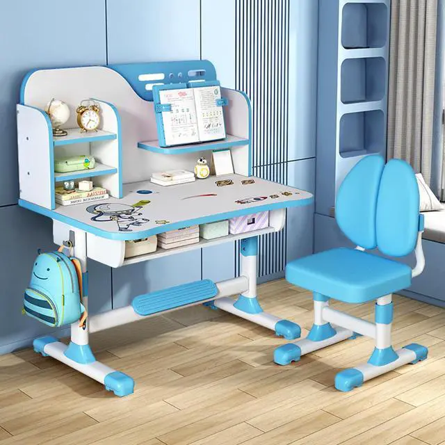 Alt view image 4 of 6 - Kids Desk and Chair Set with Castle Backboard - Height Adjustable Children's Study Table with Storage Drawer & Bookstand, Widened Desktop & Ergonomic Chair for Boys Girls 3-12 Years (Blue3)
