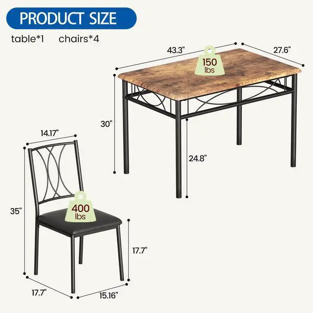 Alt view image 2 of 6 - Dining Table Set for 4, Rectangle Compact Dining Table and Chairs Set, Small Kitchen Table Set with 4 Wood Chairs for Apartment, Rustic Brown