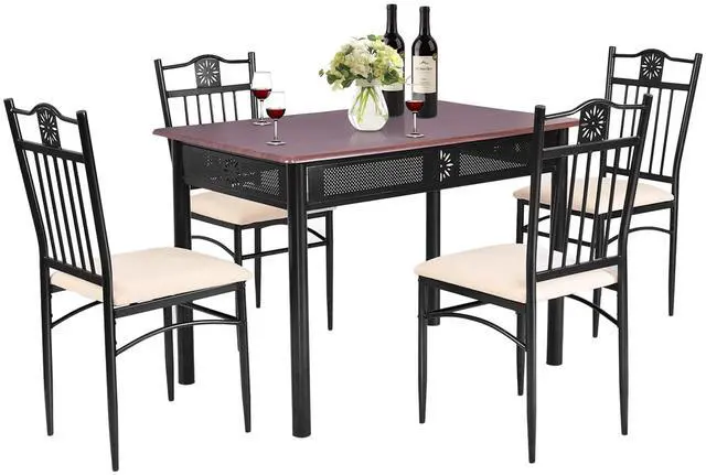 Main image of 5 Pieces Dining Table Set, Modern Kitchen Table Set for 4 Person, 42 Rectangular Table w/ 4 Upholstered Chairs, Bistro Table Set for Home, Coffee Shop & Restaurant (Brown)