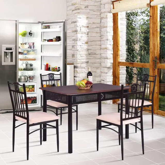 Alt view image 2 of 6 - 5 Pieces Dining Table Set, Modern Kitchen Table Set for 4 Person, 42 Rectangular Table w/ 4 Upholstered Chairs, Bistro Table Set for Home, Coffee Shop & Restaurant (Brown)
