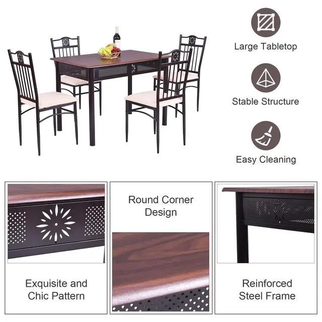 Alt view image 3 of 6 - 5 Pieces Dining Table Set, Modern Kitchen Table Set for 4 Person, 42 Rectangular Table w/ 4 Upholstered Chairs, Bistro Table Set for Home, Coffee Shop & Restaurant (Brown)