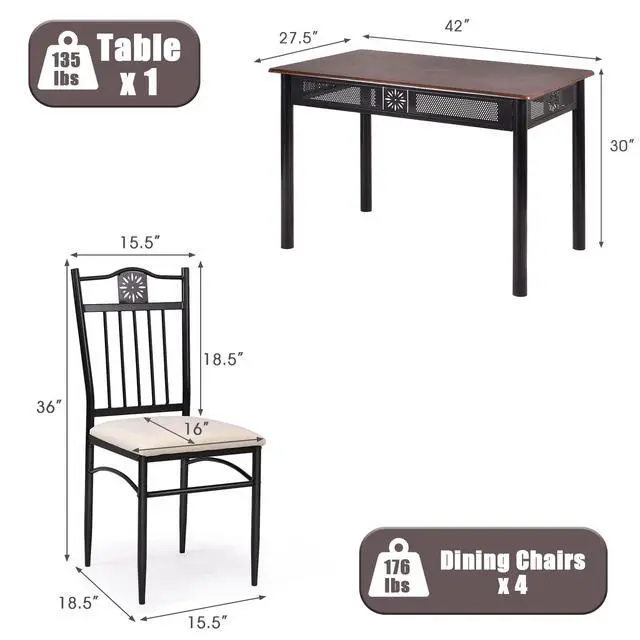 Alt view image 6 of 6 - 5 Pieces Dining Table Set, Modern Kitchen Table Set for 4 Person, 42 Rectangular Table w/ 4 Upholstered Chairs, Bistro Table Set for Home, Coffee Shop & Restaurant (Brown)