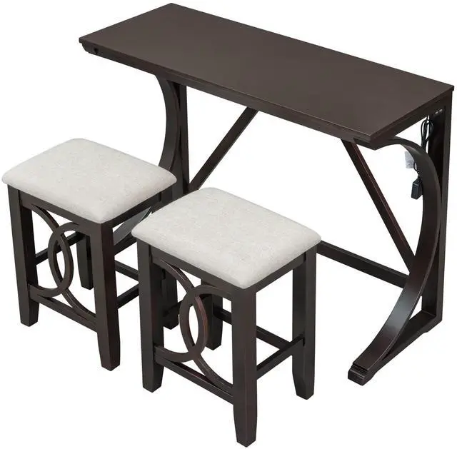 Main image of 3 Piece Counter Height Dining Set, Farmhouse Kitchen Table Set with USB Port and 2 Upholstered Stools, Breakfast Nook Set for Kitchen, Dining Room, Living Room, Espresso