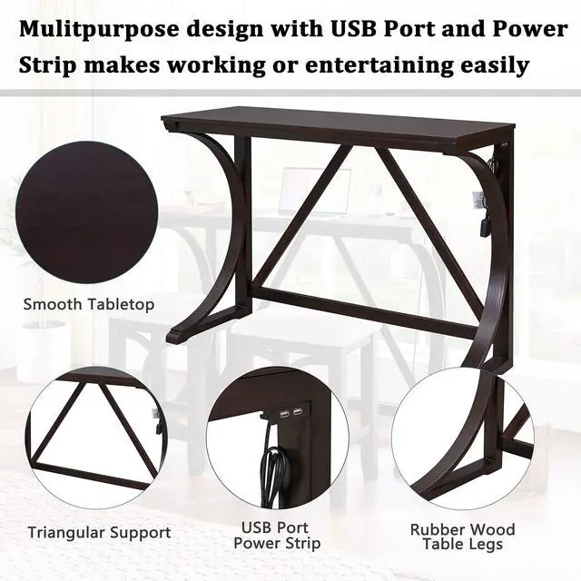Alt view image 2 of 6 - 3 Piece Counter Height Dining Set, Farmhouse Kitchen Table Set with USB Port and 2 Upholstered Stools, Breakfast Nook Set for Kitchen, Dining Room, Living Room, Espresso