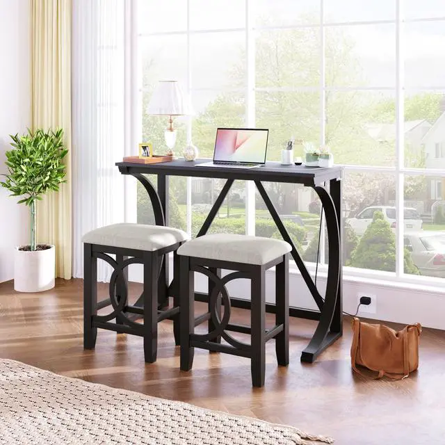 Alt view image 5 of 6 - 3 Piece Counter Height Dining Set, Farmhouse Kitchen Table Set with USB Port and 2 Upholstered Stools, Breakfast Nook Set for Kitchen, Dining Room, Living Room, Espresso