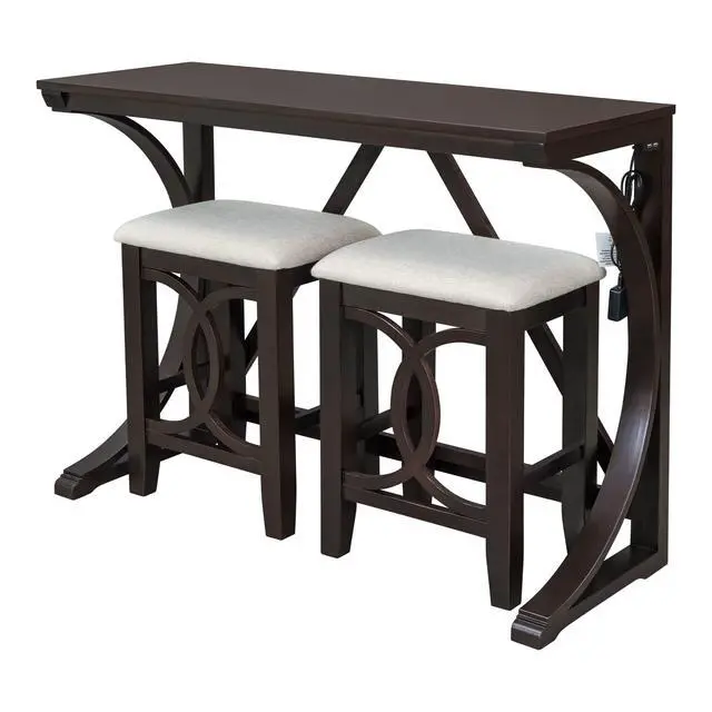 Alt view image 6 of 6 - 3 Piece Counter Height Dining Set, Farmhouse Kitchen Table Set with USB Port and 2 Upholstered Stools, Breakfast Nook Set for Kitchen, Dining Room, Living Room, Espresso
