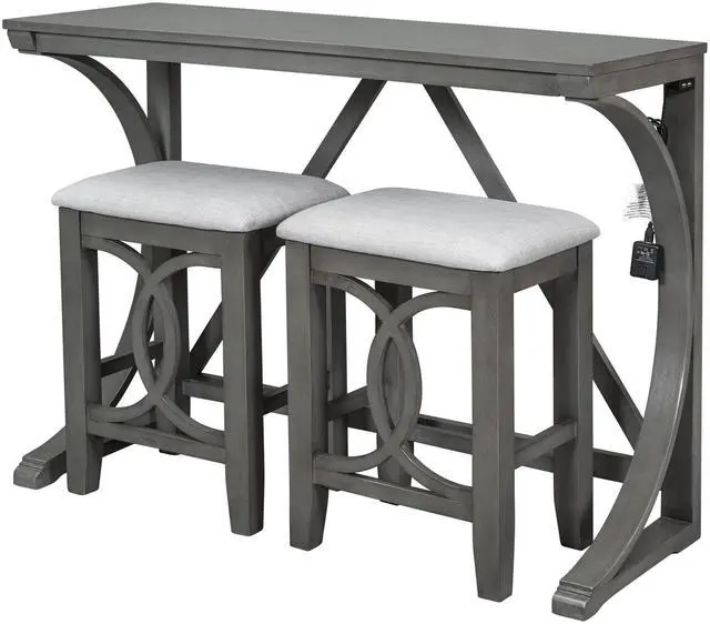 Main image of 3 Piece Counter Height Dining Set, Farmhouse Kitchen Table Set with USB Port and 2 Upholstered Stools, Breakfast Nook Set for Kitchen, Dining Room, Living Room, Grey