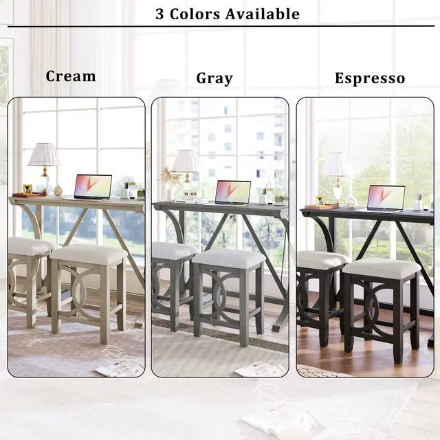 Alt view image 2 of 6 - 3 Piece Counter Height Dining Set, Farmhouse Kitchen Table Set with USB Port and 2 Upholstered Stools, Breakfast Nook Set for Kitchen, Dining Room, Living Room, Grey
