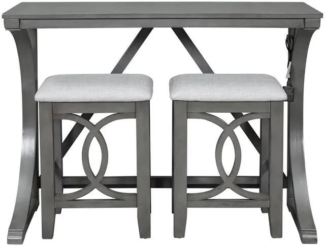 Alt view image 3 of 6 - 3 Piece Counter Height Dining Set, Farmhouse Kitchen Table Set with USB Port and 2 Upholstered Stools, Breakfast Nook Set for Kitchen, Dining Room, Living Room, Grey