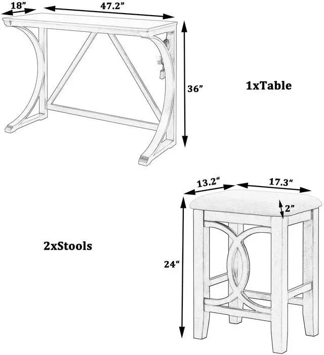 Alt view image 4 of 6 - 3 Piece Counter Height Dining Set, Farmhouse Kitchen Table Set with USB Port and 2 Upholstered Stools, Breakfast Nook Set for Kitchen, Dining Room, Living Room, Grey
