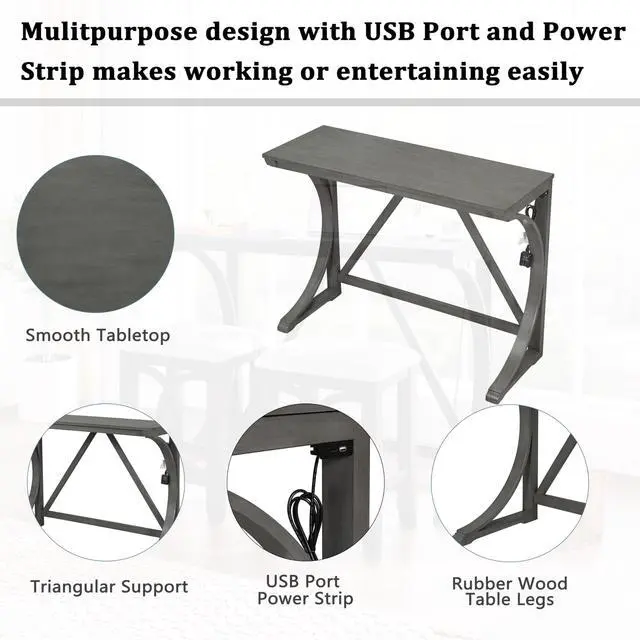 Alt view image 6 of 6 - 3 Piece Counter Height Dining Set, Farmhouse Kitchen Table Set with USB Port and 2 Upholstered Stools, Breakfast Nook Set for Kitchen, Dining Room, Living Room, Grey
