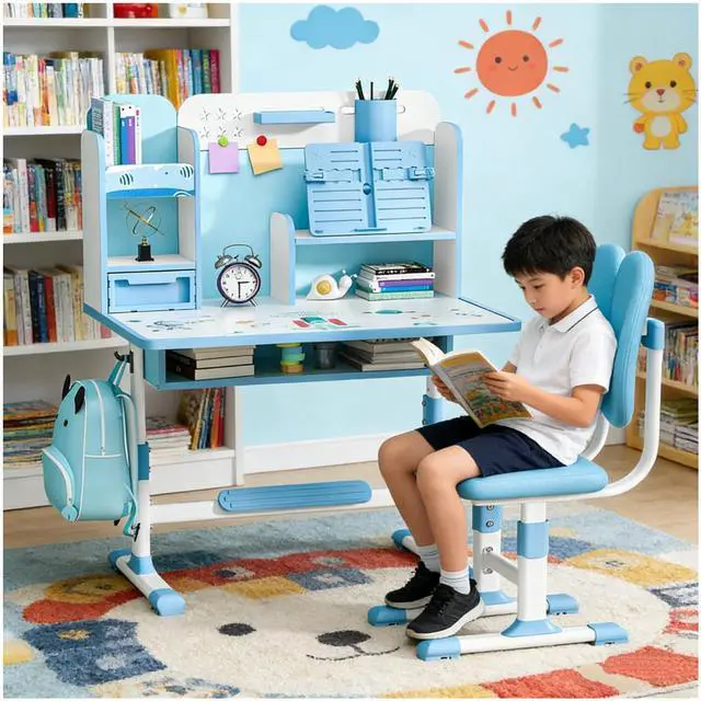 Main image of Kids Desk and Chair Set for 3-12, Adjustable Height Study Table Chair with Storage Drawers, Bookstand, Widened Desktop, Ergonomic Desk Chairs for Boys Girls (Blue)