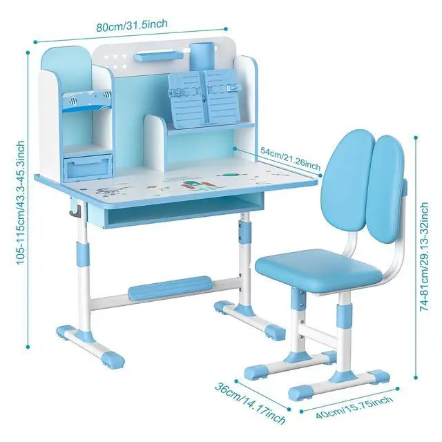 Alt view image 2 of 6 - Kids Desk and Chair Set for 3-12, Adjustable Height Study Table Chair with Storage Drawers, Bookstand, Widened Desktop, Ergonomic Desk Chairs for Boys Girls (Blue)