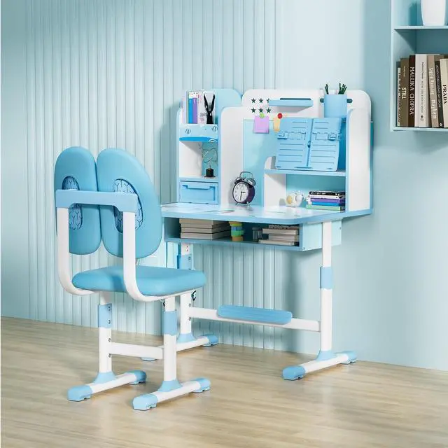 Alt view image 3 of 6 - Kids Desk and Chair Set for 3-12, Adjustable Height Study Table Chair with Storage Drawers, Bookstand, Widened Desktop, Ergonomic Desk Chairs for Boys Girls (Blue)