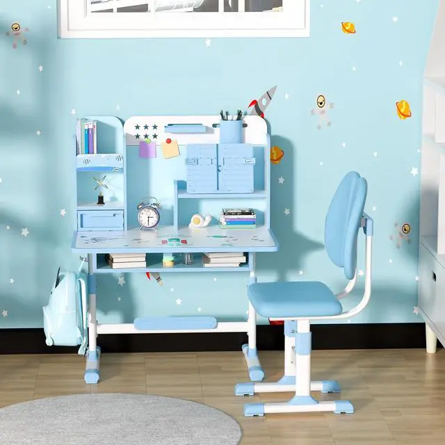 Alt view image 4 of 6 - Kids Desk and Chair Set for 3-12, Adjustable Height Study Table Chair with Storage Drawers, Bookstand, Widened Desktop, Ergonomic Desk Chairs for Boys Girls (Blue)