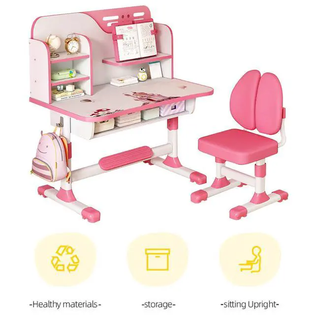 Alt view image 4 of 6 - Kids Desk and Chair Set for 3-12, Adjustable Height Study Table Chair with Storage Drawers, Bookstand, Widened Desktop, Ergonomic Desk Chairs for Boys Girls (Pink1)