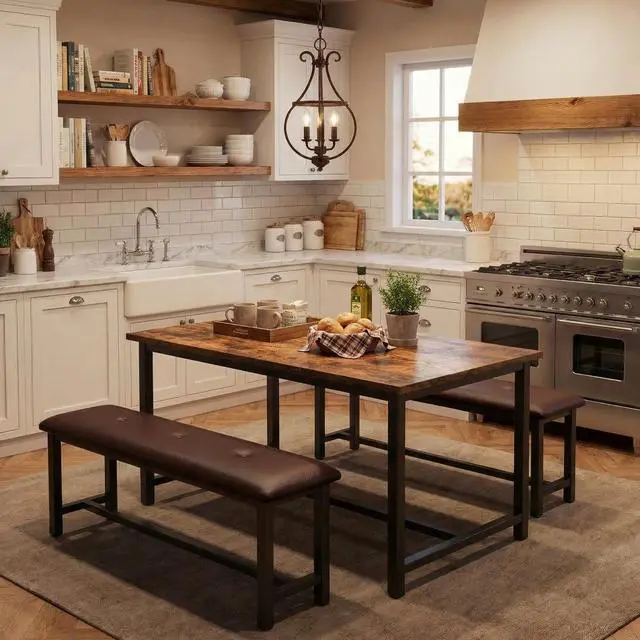 Main image of Dining Table Set for 4, Kitchen Table with 2 Upholstered Benches, 3-Piece Dining Room Set for Kitchen, Apartment and Small Spaces, Brown
