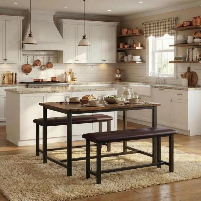 Alt view image 2 of 6 - Dining Table Set for 4, Kitchen Table with 2 Upholstered Benches, 3-Piece Dining Room Set for Kitchen, Apartment and Small Spaces, Brown