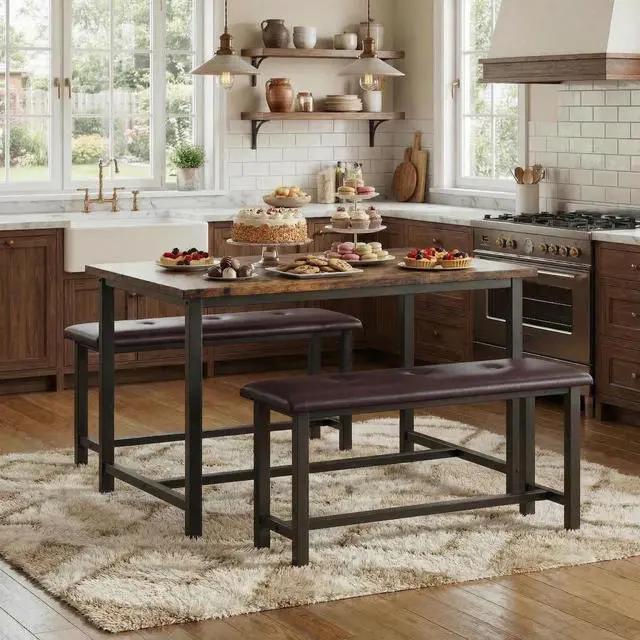 Alt view image 3 of 6 - Dining Table Set for 4, Kitchen Table with 2 Upholstered Benches, 3-Piece Dining Room Set for Kitchen, Apartment and Small Spaces, Brown