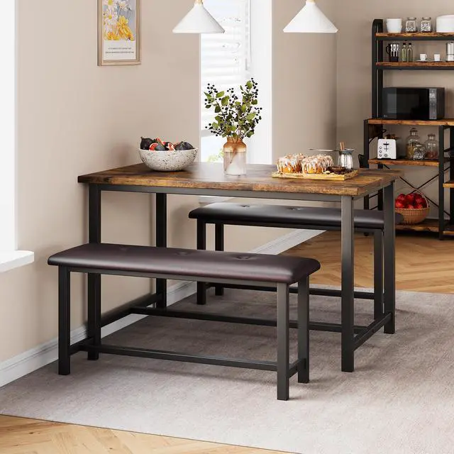 Alt view image 4 of 6 - Dining Table Set for 4, Kitchen Table with 2 Upholstered Benches, 3-Piece Dining Room Set for Kitchen, Apartment and Small Spaces, Brown