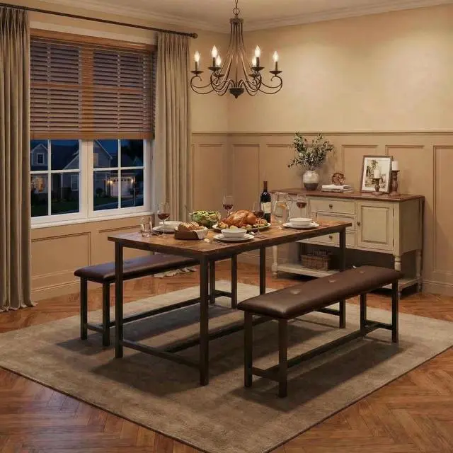 Alt view image 5 of 6 - Dining Table Set for 4, Kitchen Table with 2 Upholstered Benches, 3-Piece Dining Room Set for Kitchen, Apartment and Small Spaces, Brown
