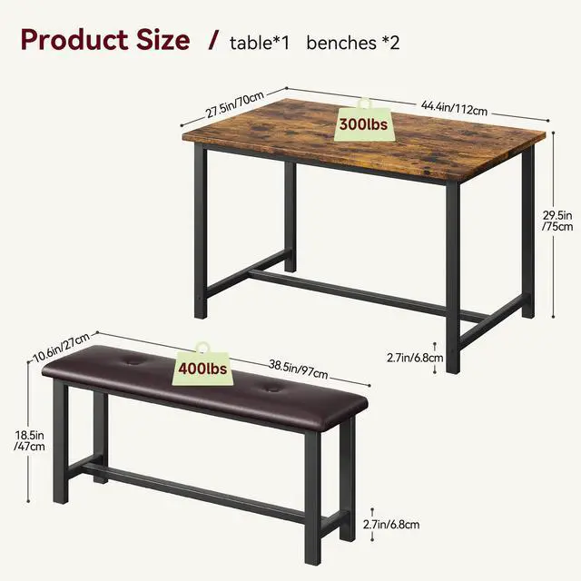 Alt view image 6 of 6 - Dining Table Set for 4, Kitchen Table with 2 Upholstered Benches, 3-Piece Dining Room Set for Kitchen, Apartment and Small Spaces, Brown