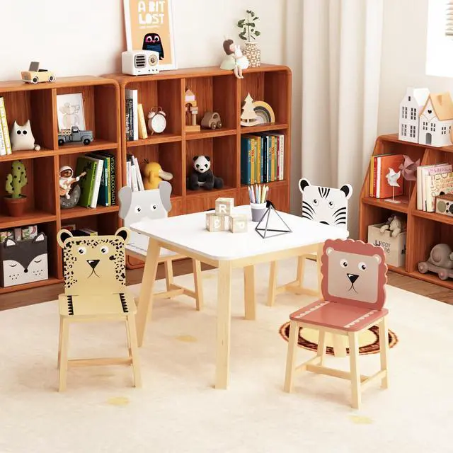 Alt view image 2 of 6 - Cute Wood Table with 4 Chairs Set, 5 Piece Cartoon Animals Wood Drawing Play Table and Chair Set Activity Tables for Home, Nursery, Kindergarten